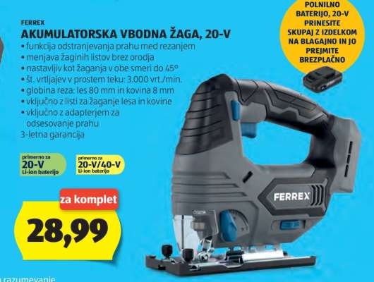 FERREX Akumulatorska Vbodna Žaga, 20-V
