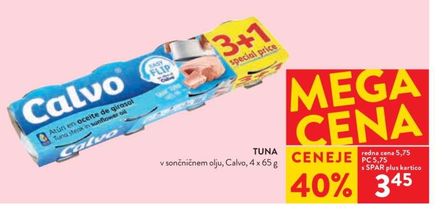 Tuna v sončničnem olju, Calvo, 4 x 65 g