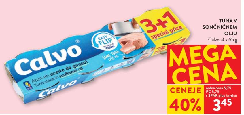 Tuna v sončničnem olju, Calvo, 4 x 65 g