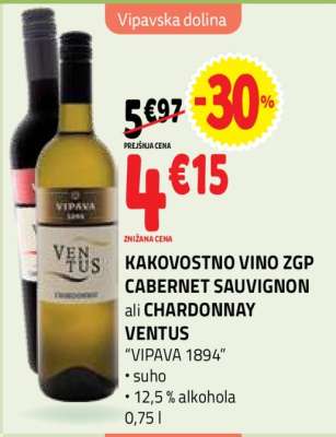 KAKOVOSTNO VINO ZGP CABERNET SAUVIGNON ali CHARDONNAY VENTUS