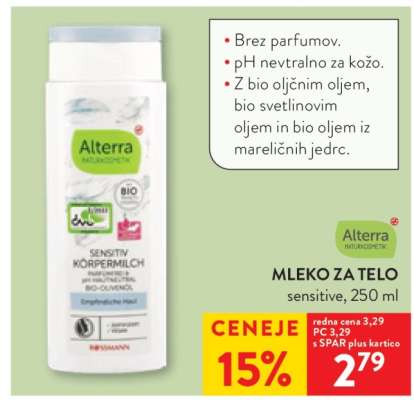 Alterra Mleko za telo sensitive, 250 ml