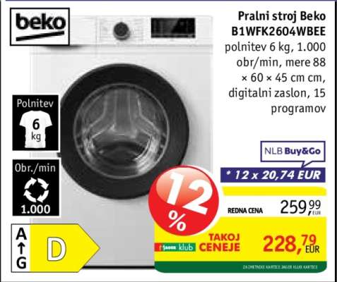 Pralni stroj Beko B1WFK2604WBEE