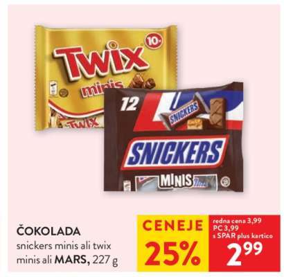 Čokolada Snickers minis ali Twix minis ali Mars