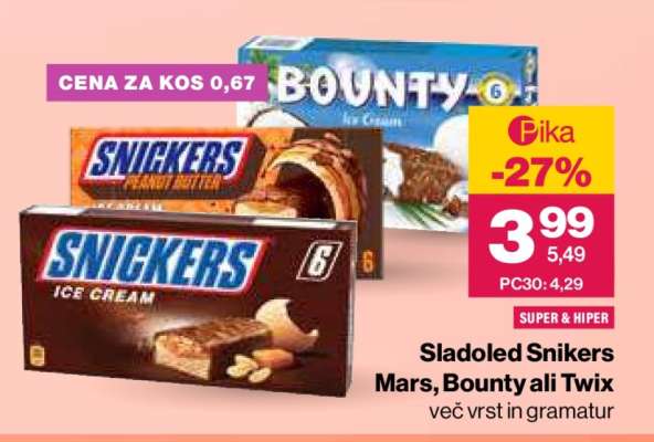 Sladoled Snikers Mars, Bounty ali Twix
