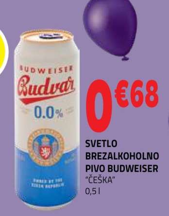 Svetlo brezalkoholno pivo Budweiser