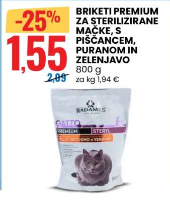 BRIKETI PREMIUM ZA STERILIZIRANE MAČKE, S PIŠČANCEM, PURANOM IN ZELENJAVO